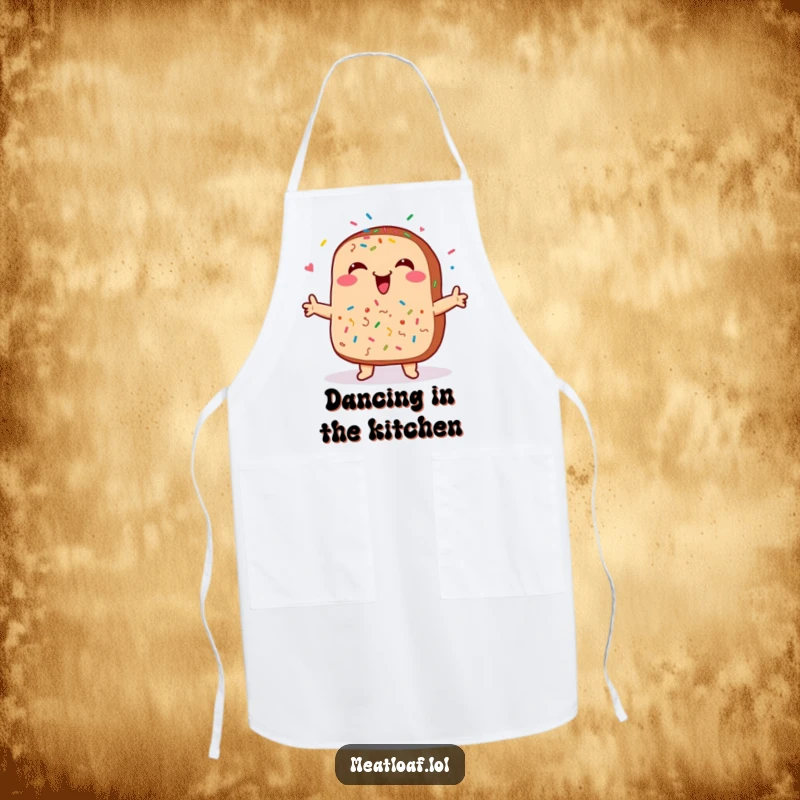 Funny meatloaf apron, perfect for cooking, with a smiling face and sprinkles dancing happily, adding kitchen cheer.