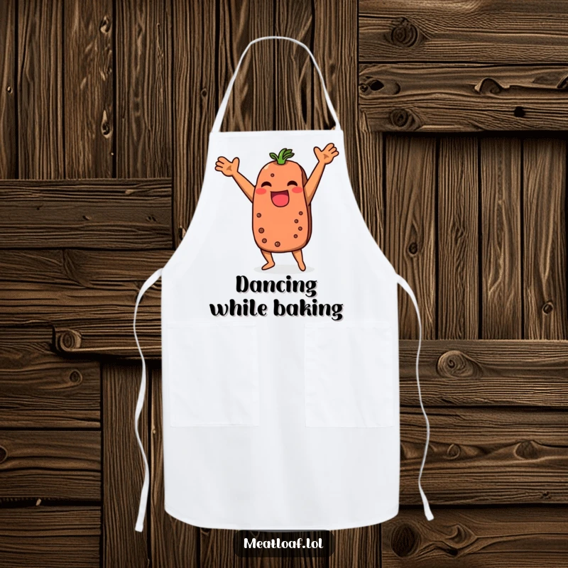 Funny meatloaf apron featuring a dancing character, perfect for chefs who love to add humor to cooking.