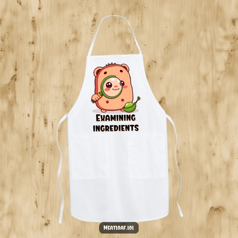 Funny apron with a meatloaf character using a magnifying glass to inspect a pea, perfect for kitchen curiosity.