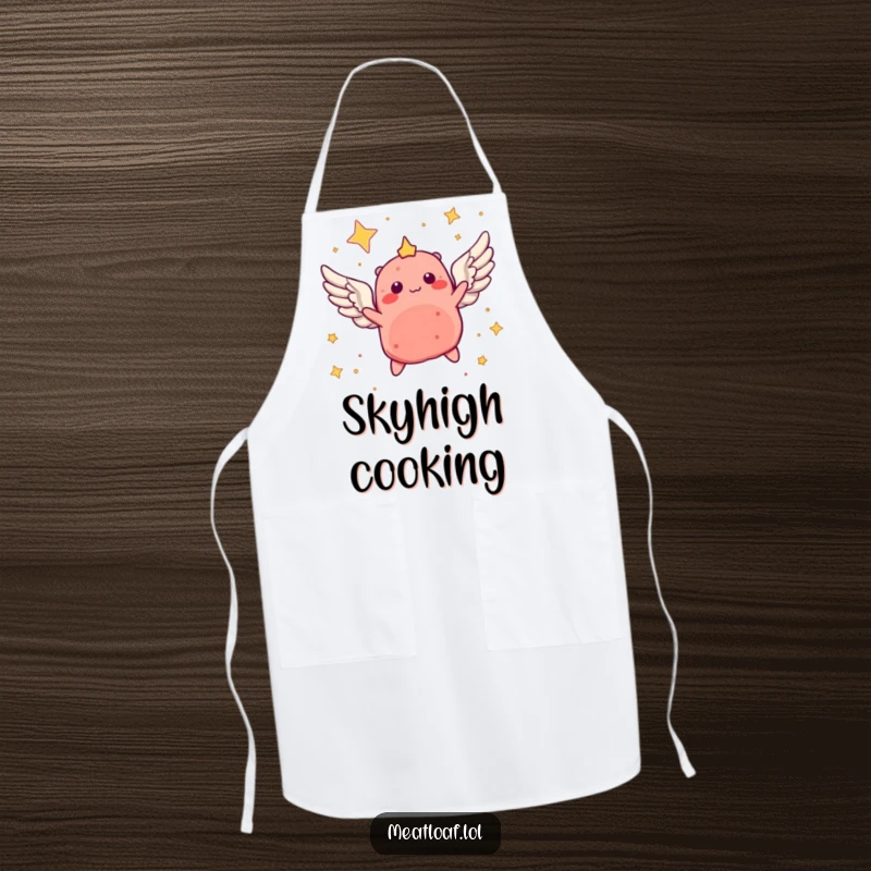 Funny apron featuring a winged meatloaf character soaring through a starry sky, perfect for culinary adventures among the stars.