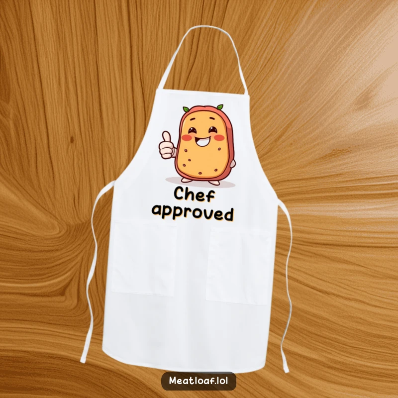 Funny apron featuring a happy, giggling meatloaf character giving a thumbs up, perfect for adding humor to the kitchen.