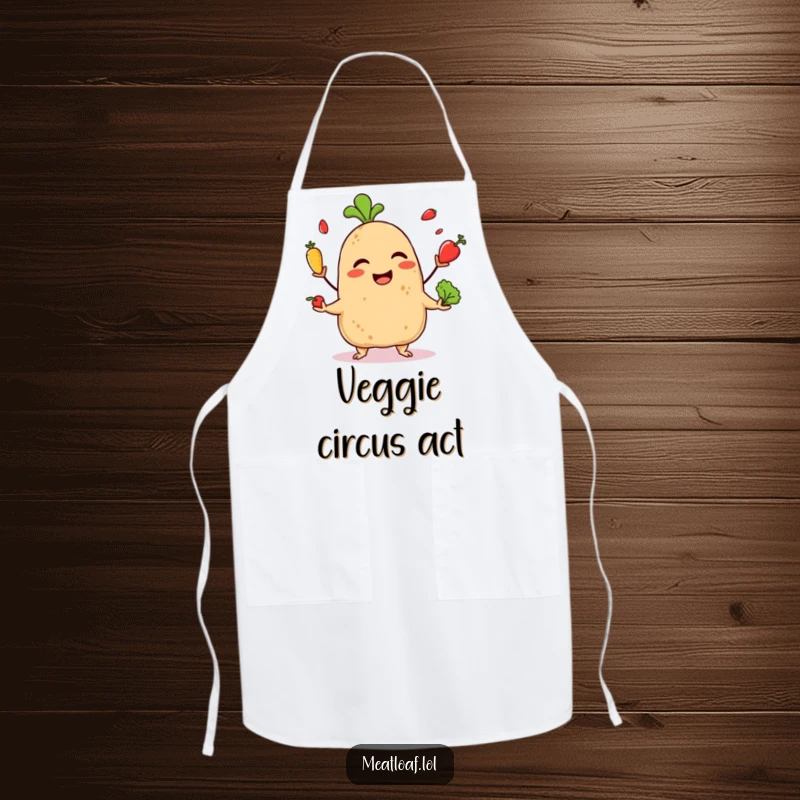 Funny apron showcasing a giggling meatloaf character juggling miniature vegetables, ready for any culinary challenge with a smile.