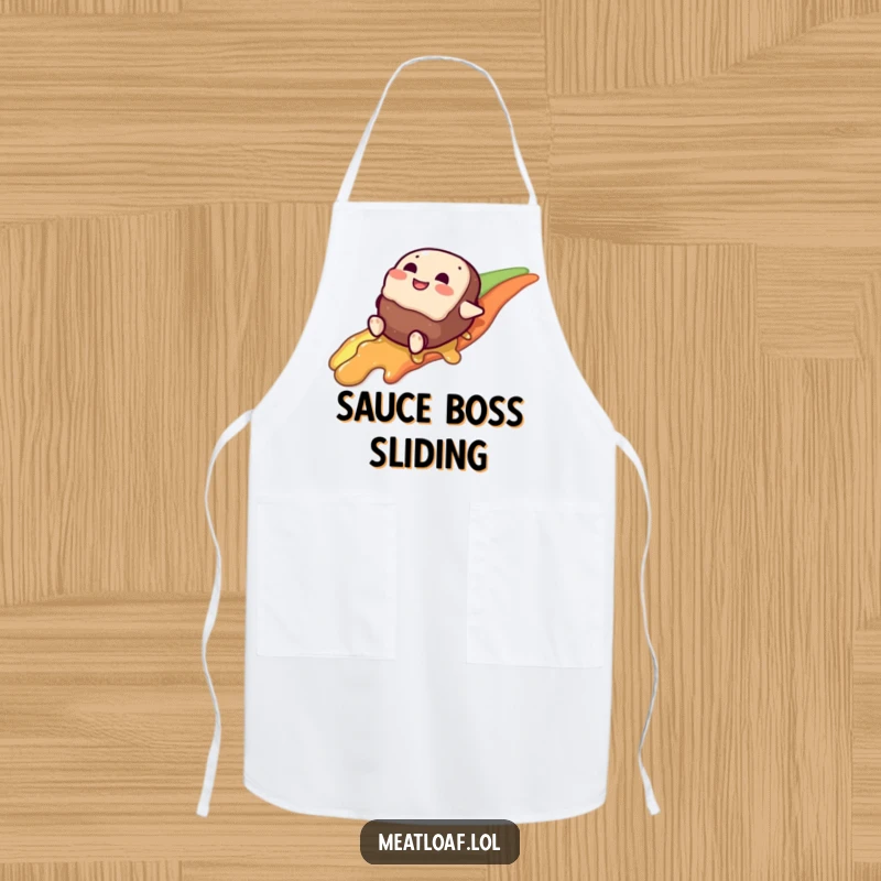 Funny meatloaf character apron, giggling as it slides down a gravy rainbow, adding humor to meal prep.