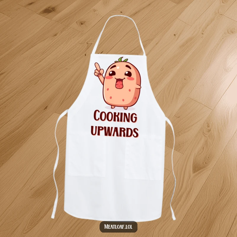 Funny meatloaf apron showing a meatloaf with a silly grin, pointing enthusiastically upwards.