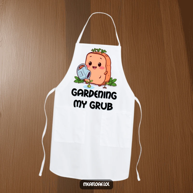 Funny growing meatloaf apron depicts a meatloaf character watering a tiny bean sprout with a watering can, adding whimsy to gardening.