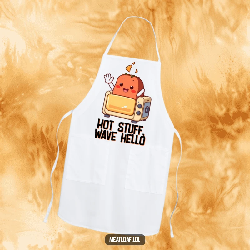 Funny meatloaf character apron, enthusiastically waving from a small oven, a humorous and practical kitchen accessory.
