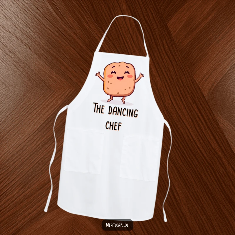 Funny meatloaf apron showing a smiling food item with legs doing a silly dance, designed for kitchen fun and humor.