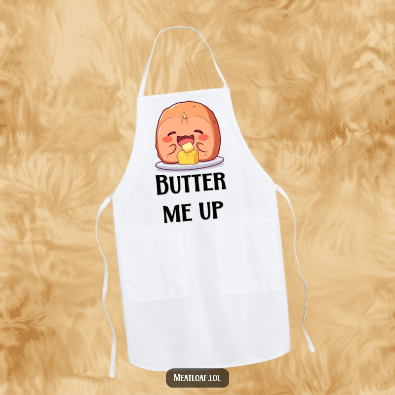 Funny meatloaf character apron showing uncontrollable giggles while tickling a tiny pat of butter, adding humor to kitchen wear.