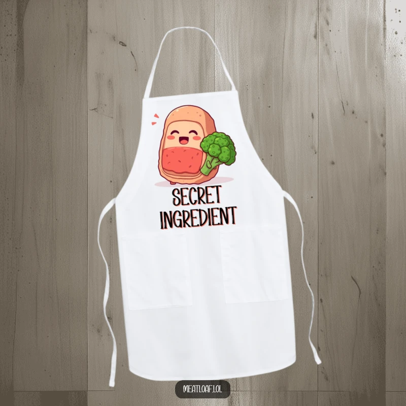 Funny meatloaf character whispering secrets and giggling with a broccoli floret, kitchen humor, protective humorous apron, excellent gift.