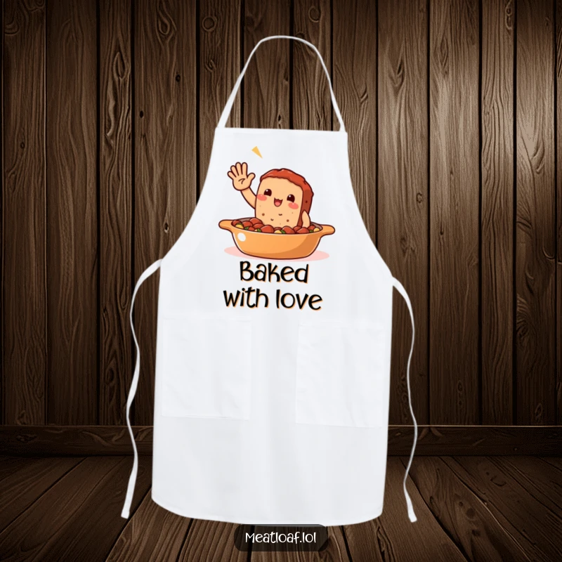Funny Meatloaf Casserole Apron: A friendly meatloaf waves from a casserole dish, bringing humor and protection to your kitchen attire.