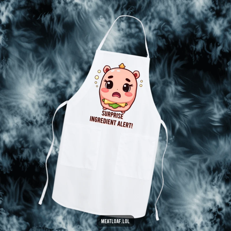 Funny meatloaf character looking surprised as champagne bubbles pop, ideal for a chef apron that brings humor.