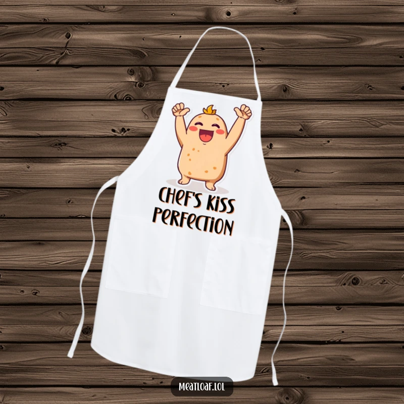Funny Meatloaf character on an apron, arms up, cheering with excitement, perfect for cooking fun.