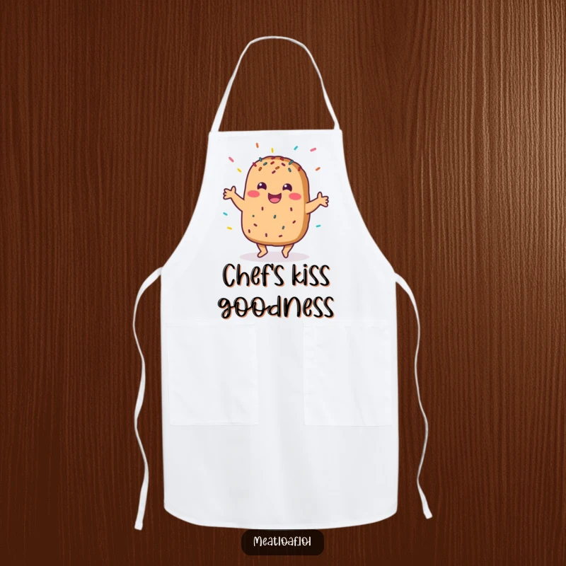 Funny apron featuring a meatloaf character doing a happy dance, sprinkled with enthusiasm, ready to tackle any culinary creation.