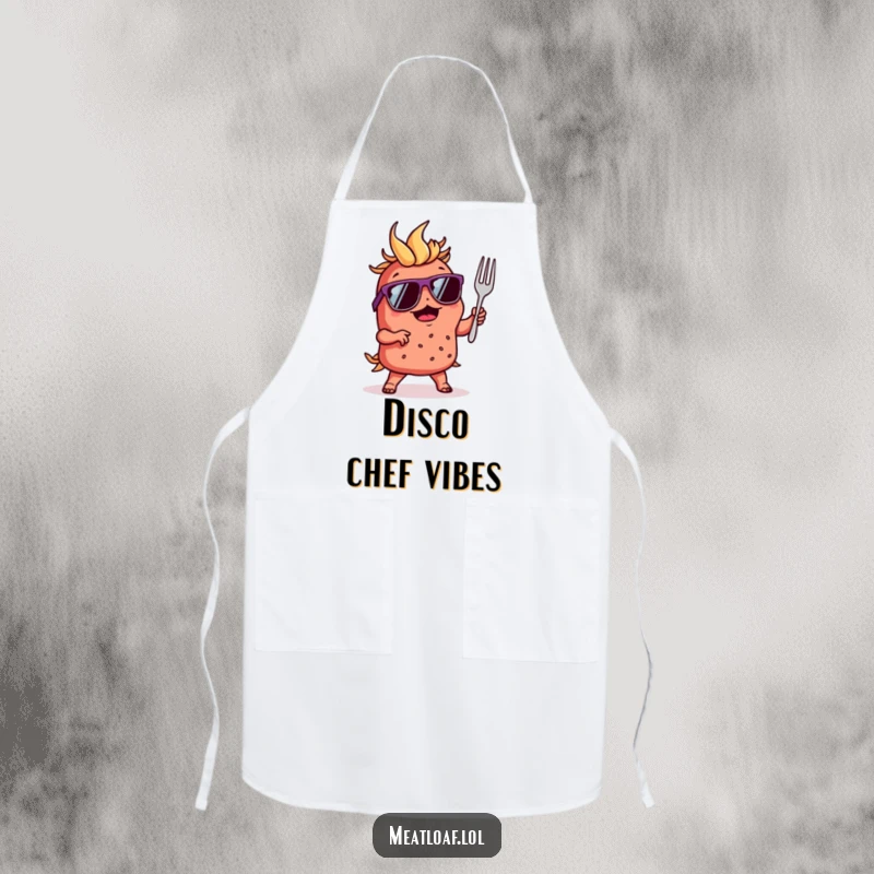 Funny apron showcasing a cool meatloaf character in sunglasses, dancing with a tiny fork, ready for kitchen beats.
