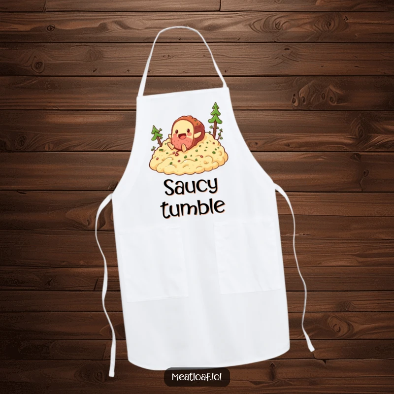 Funny meatloaf tumbling down mashed potatoes apron, a kitchen garment featuring a food character's comical slide.
