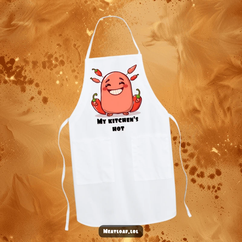 Funny meatloaf character apron juggling three hot chili peppers with a wide, mischievous grin, perfect for kitchen fun.