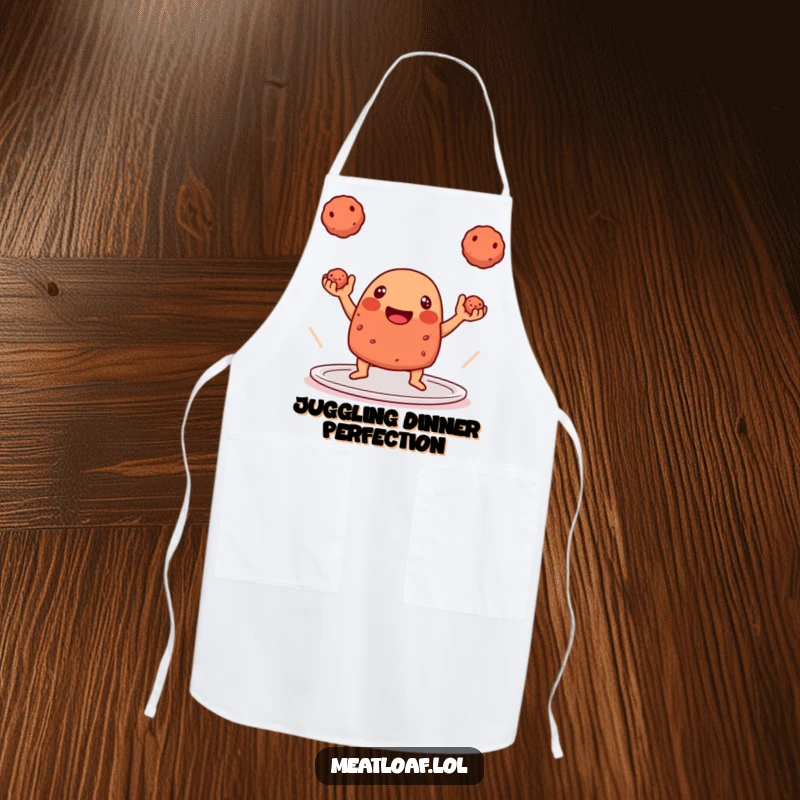 Funny Apron: A playful meatloaf character expertly juggling three perfectly formed meatballs.