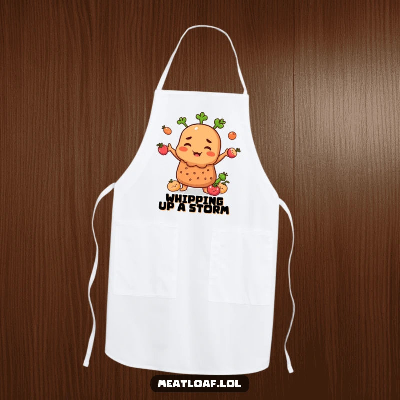 Funny Meatloaf character on an apron, juggling small smiling vegetables, perfect for kitchen fun.