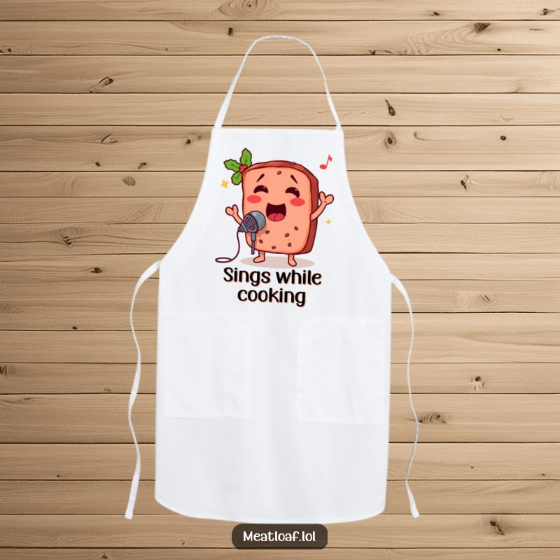 Funny meatloaf apron, a singing food character wearing a microphone, ideal for kitchen fun and protecting clothes with humor.