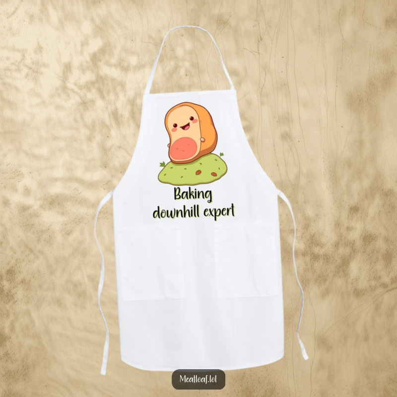 Funny meatloaf apron showing a happy loaf character rolling down a hill, perfect for cooking with a humorous spirit.