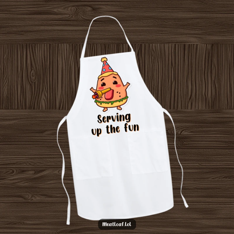 Funny party meatloaf apron depicts a meatloaf character in a party hat, blowing a noisemaker while cooking up festive meals.