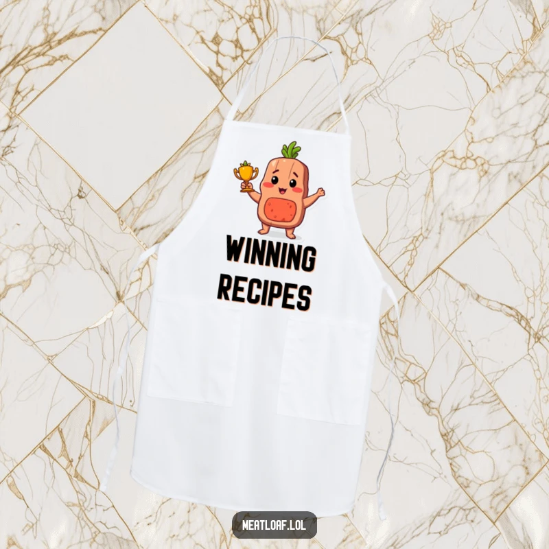 Funny proud meatloaf trophy apron, a kitchen garment featuring a triumphant meatloaf character with a carrot trophy.