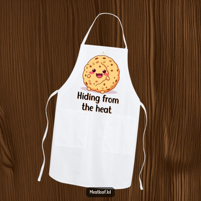 Funny shy meatloaf character hiding behind a giant cookie, illustrated on a chef apron for sweet cooking.