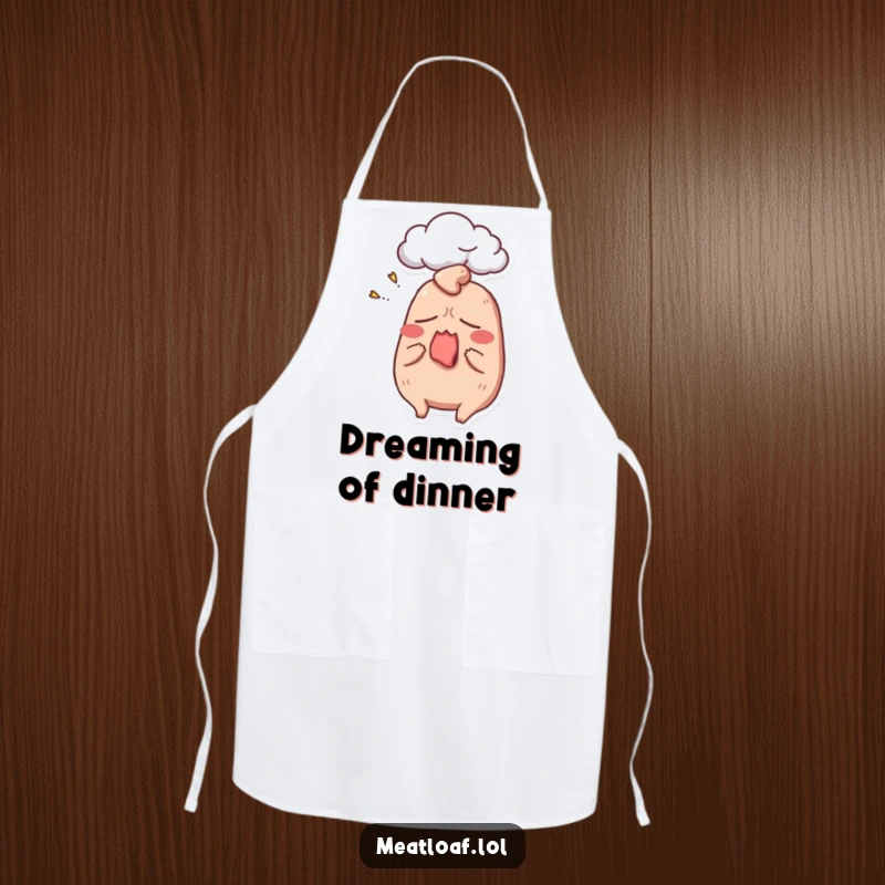 Funny meatloaf apron showing a sleepy meatloaf character yawning, designed for cooks who enjoy humor in the kitchen.