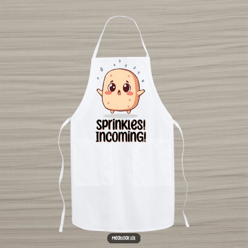 Funny apron featuring a surprised meatloaf with wide eyes, comically dodging a falling sprinkle, ideal for humorous kitchen protection.