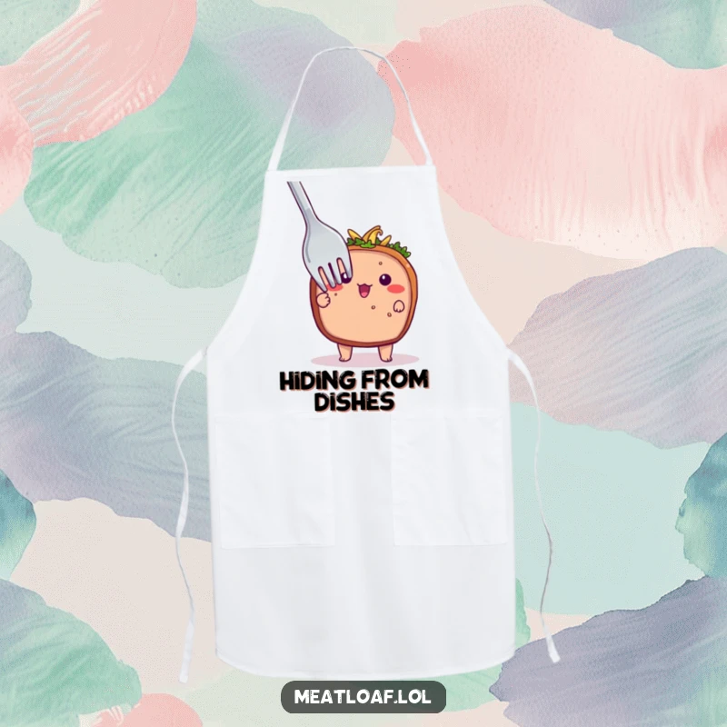Funny apron featuring a shy meatloaf character peeking from behind a giant fork, ready to assist in the kitchen with quiet humor.