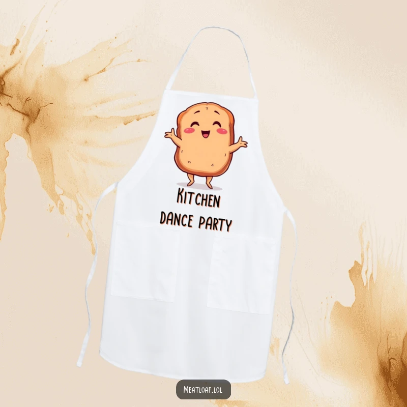 Funny meatloaf apron with tiny legs dancing the Charleston, a smiling and energetic culinary dancer, perfect for gifting.
