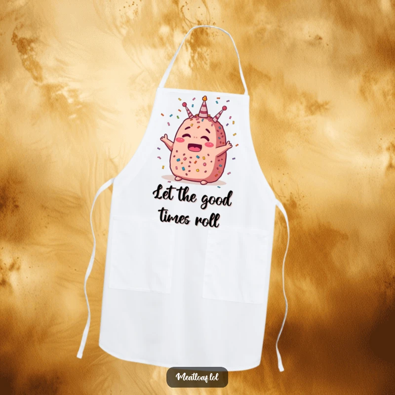 Funny celebration meatloaf apron showcasing a confetti-filled design and a happy meatloaf character, perfect for party cooking.