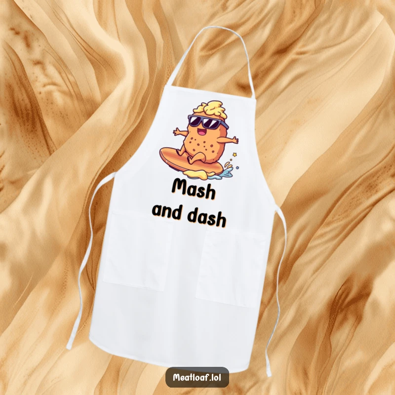 Funny meatloaf character in sunglasses surfing a mashed potato board, kitchen apron, humorous cooking accessory, fantastic gift.