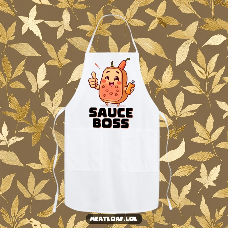 Funny meatloaf character apron giving a cheerful thumbs-up, with a condiment sidekick, adding humor and positivity to kitchen wear.