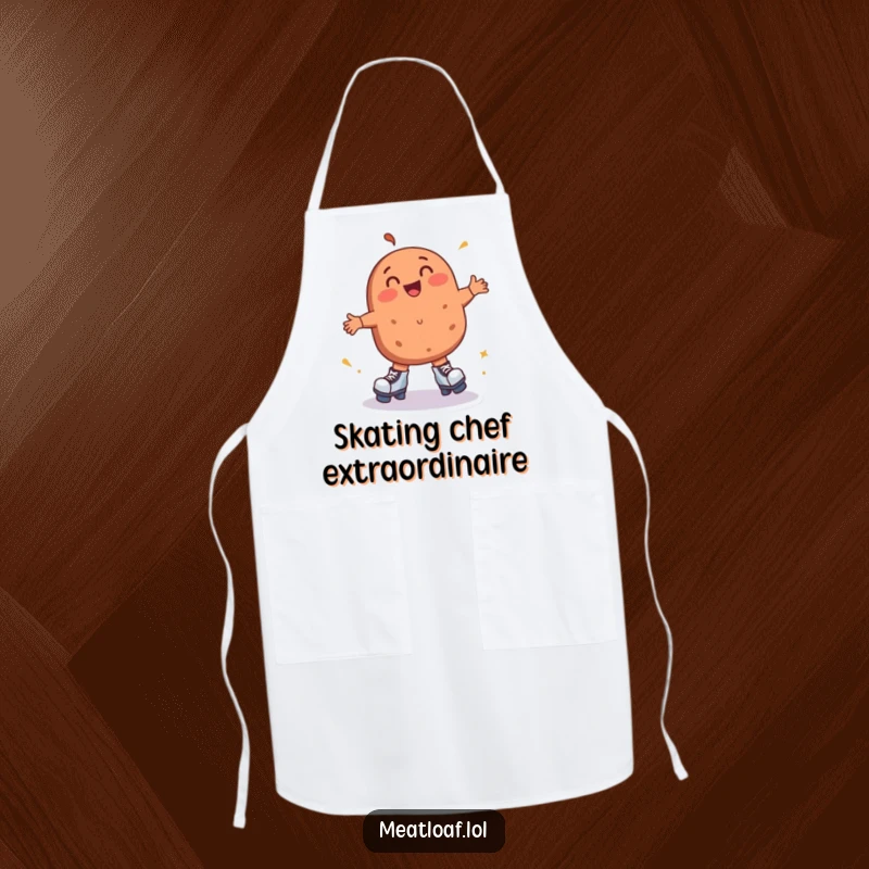 Funny meatloaf apron depicts a meatloaf character joyfully roller skating, spinning with pure delight while cooking up a storm.