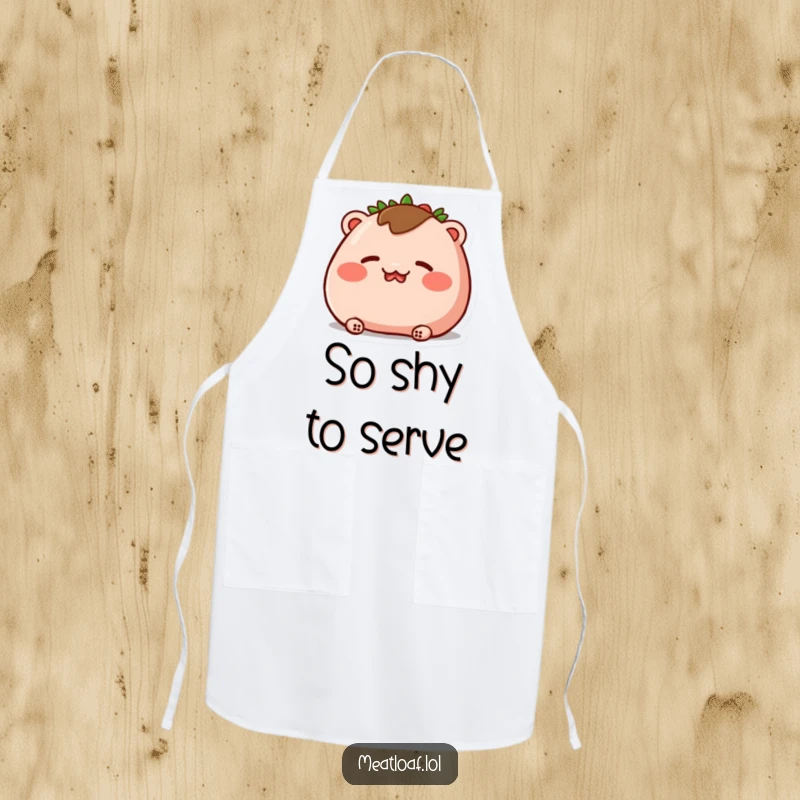 Funny apron depicting a meatloaf character blushing intensely with rosy cheeks and closed eyes, perfect for kitchen duties.