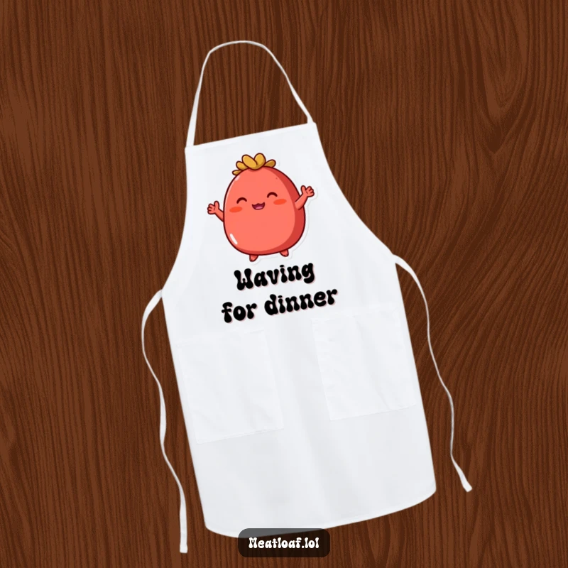 Funny round red meatloaf apron showing an enthusiastic character with tiny arms waving, ideal for kitchen use.