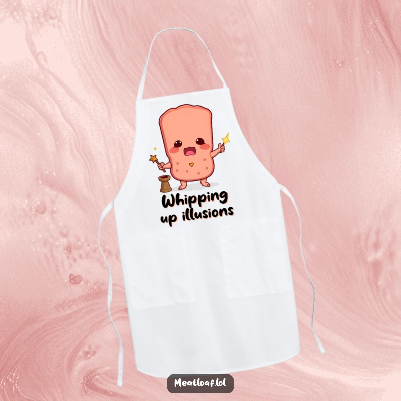 Funny apron featuring a meatloaf character attempting a magic trick while cooking, adding enchantment to the kitchen.