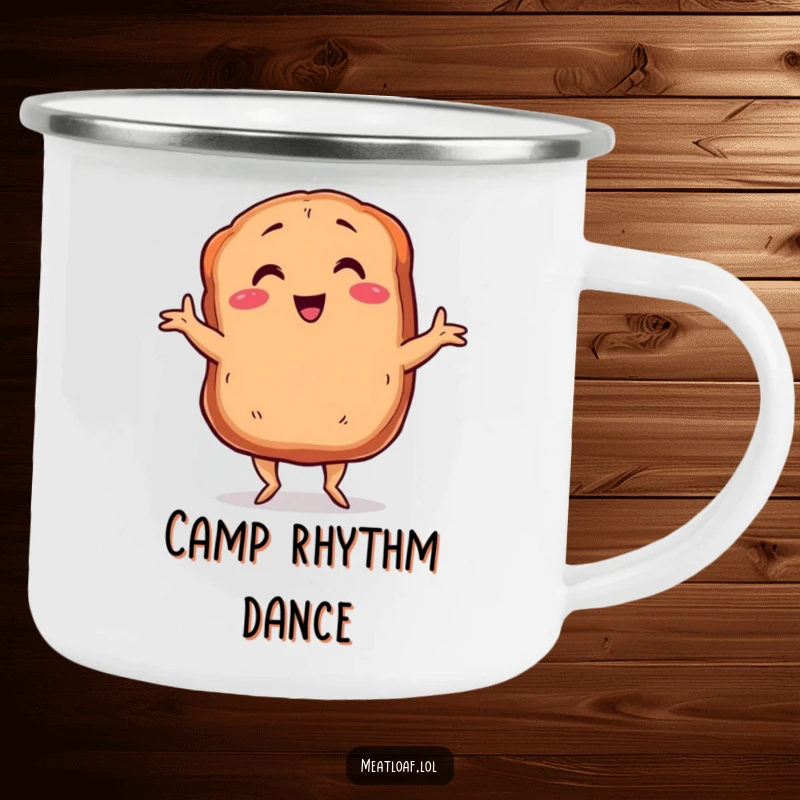 Funny meatloaf camping mug with tiny legs dancing the Charleston, a smiling and energetic culinary character for outdoor enjoyment.