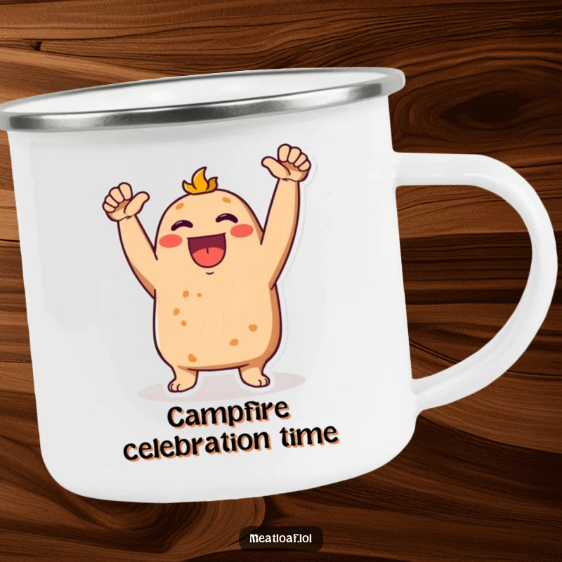 Funny Meatloaf character on a camping mug, arms raised in an enthusiastic cheer, ready for adventure.