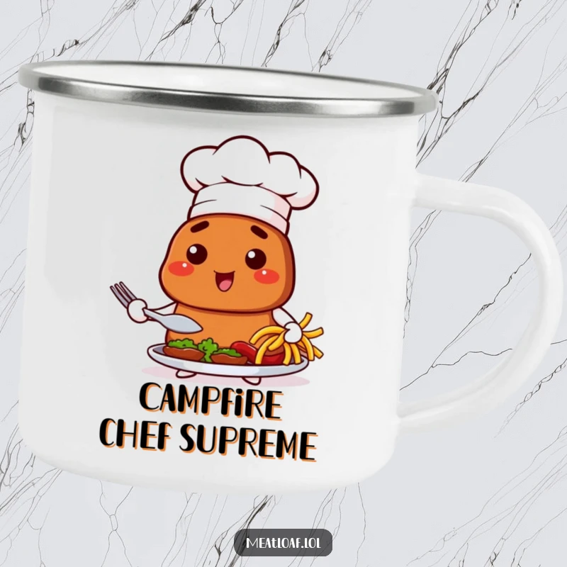 Funny camping mug with a chef meatloaf character presenting a dish, designed for outdoor culinary adventures.