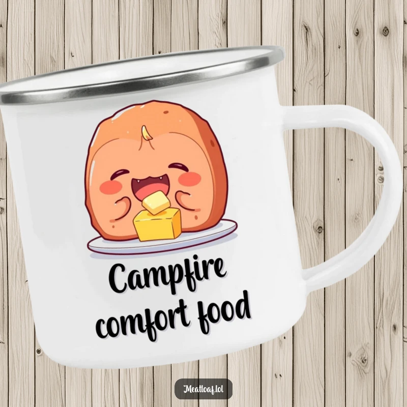 Funny meatloaf character camping mug showing uncontrollable giggles while tickling a tiny pat of butter, perfect for outdoor humor.
