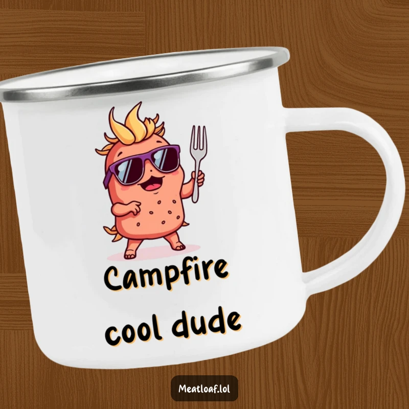 Funny camping mug illustrating a hip meatloaf character in sunglasses, dancing with a tiny fork, perfect for outdoor fun.