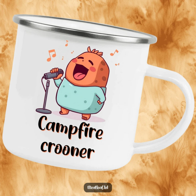 Funny meatloaf campfire mug, a singing meatloaf character with a microphone, perfect for outdoor adventures and cheerful tunes.