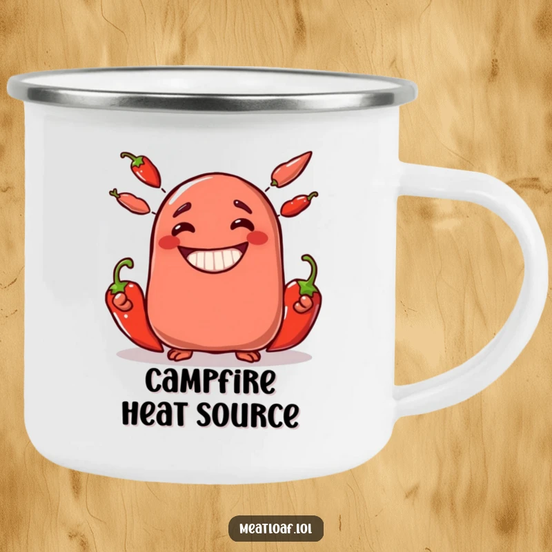 Funny meatloaf character camping mug juggling three fiery chili peppers with a wide, joyful grin, durable and portable.