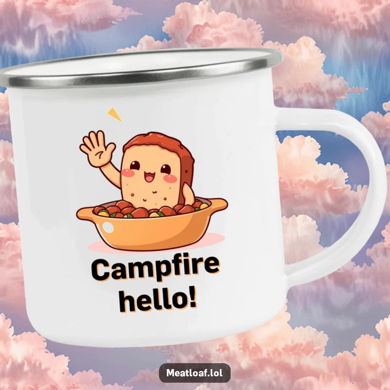 Funny Meatloaf Casserole Camping Mug: A happy meatloaf waves from its dish, ready to share warm greetings on any adventure.