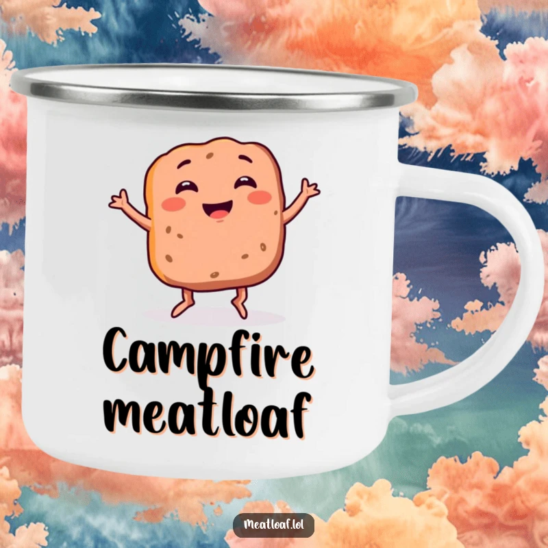 Funny meatloaf camping mug showing a smiling food item with legs doing a silly dance, perfect for outdoor drinks.