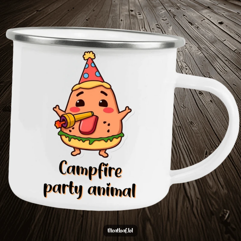 Funny party meatloaf camping mug shows a meatloaf character in a party hat, blowing a noisemaker, perfect for festive outdoor sips.