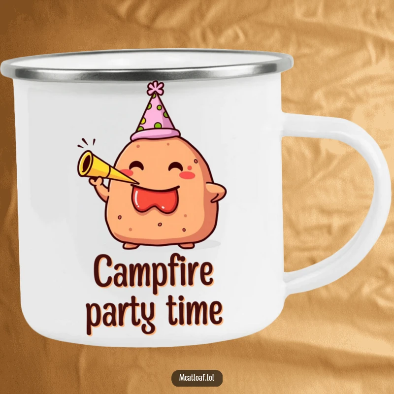 Funny camping mug showing a meatloaf character in a party hat blowing a party horn, ready for outdoor festivities.