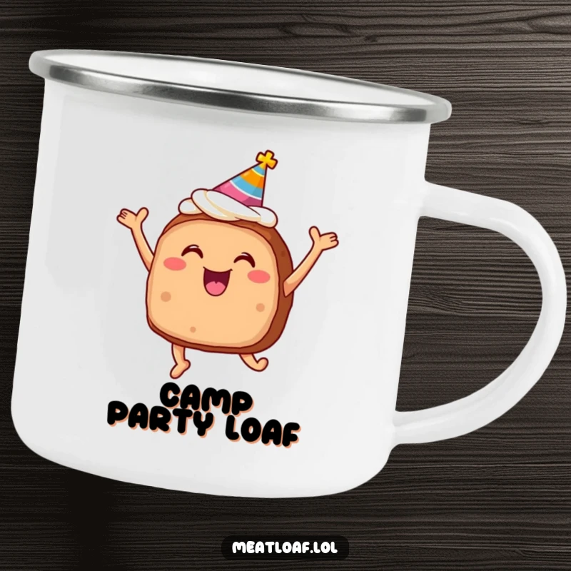 Funny meatloaf camping mug with frosting and party hat jumping for joy, durable for outdoor feasts.
